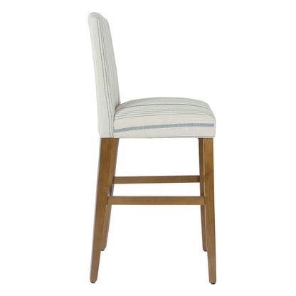 Fabric Upholstered Wooden Barstool with Striped Cushioned Seat, White and Blue - View 5