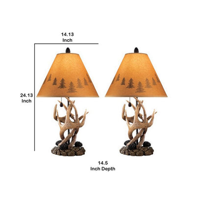 Resin Body Table Lamp with Antler and Pinecone Design, Set of 2, Brown - View 6