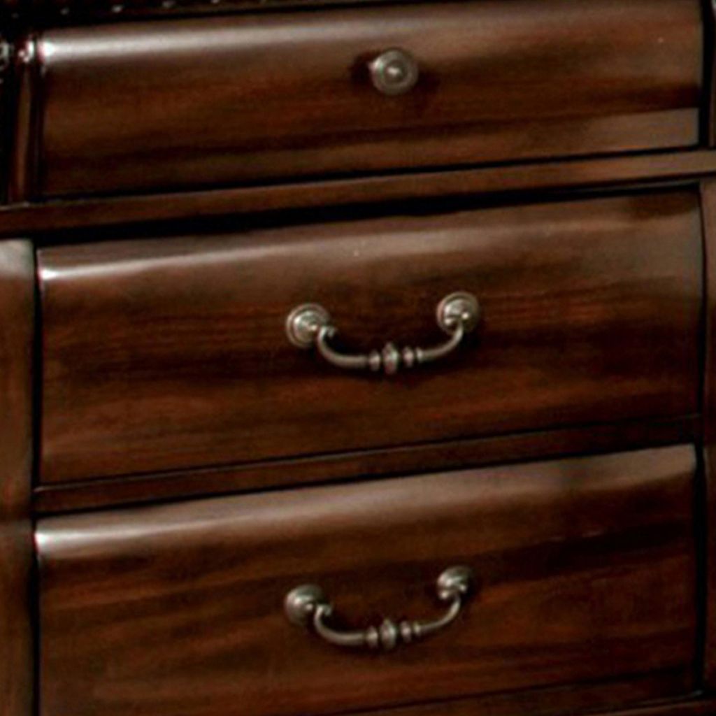28 Inch Bedside Nightstand, 3 Drawers with Pewter Handles, Classic Dark Cherry Brown Solid Wood - View 5