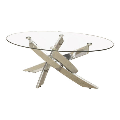 Oval Shape Glass Top Coffee Table with Criss Cross Base, Silver and Clear - View 3