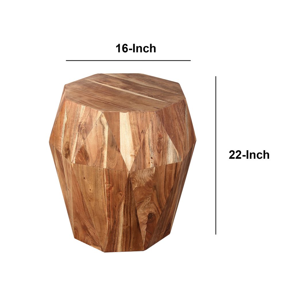 Bon 22 Inch Artisanal Side End Table, Multifaceted Solid Acacia Wood, Octagon Top, Natural Brown - View 6