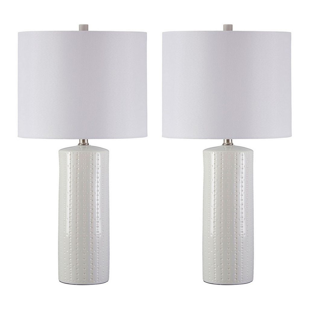 Carved Ceramic Base Table Lamp with Drum Shade, Set of 2, White
