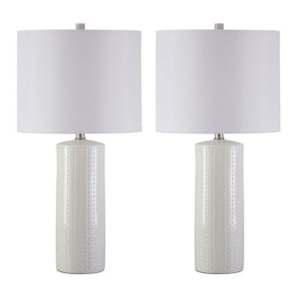 Carved Ceramic Base Table Lamp with Drum Shade, Set of 2, White