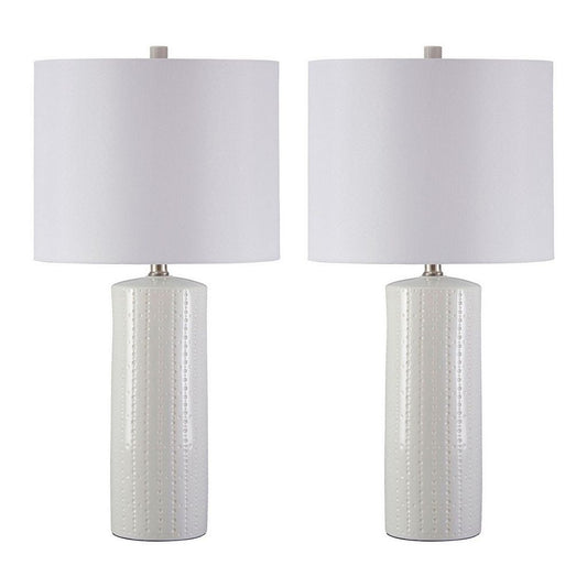 Carved Ceramic Base Table Lamp with Drum Shade, Set of 2, White
