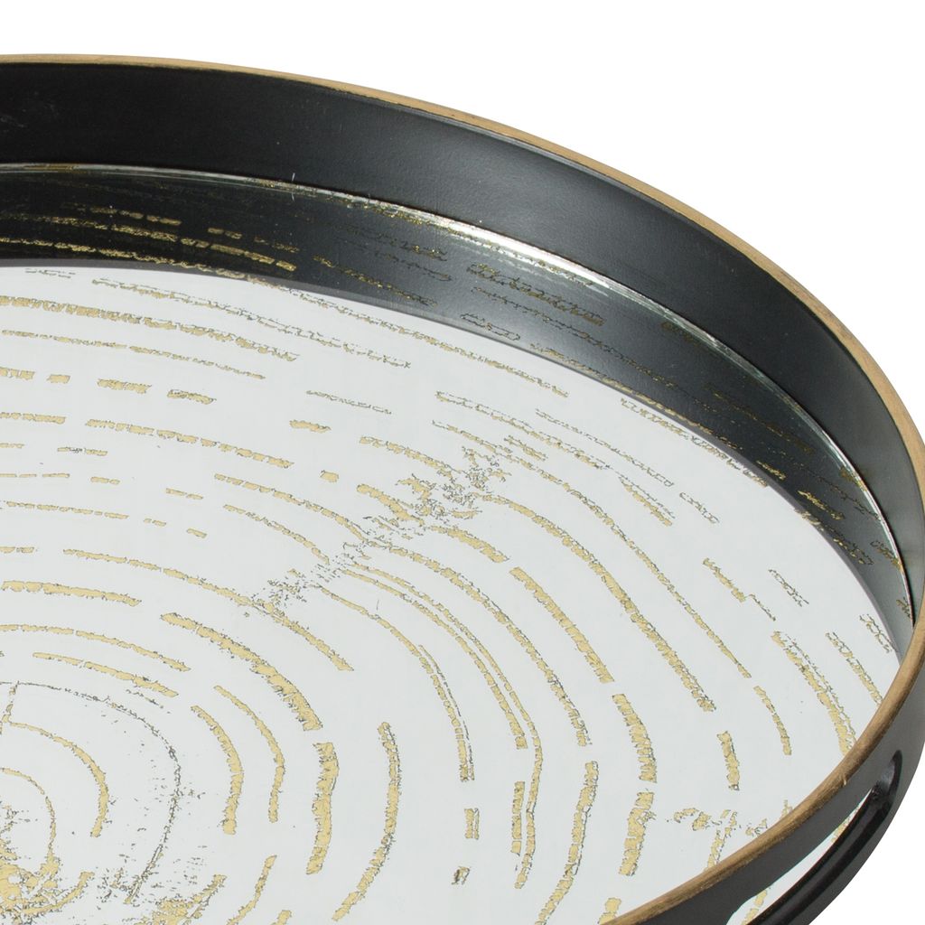 18 Inch Decorative Tray, Round Black Wood Frame, Mirrored Bottom - View 3