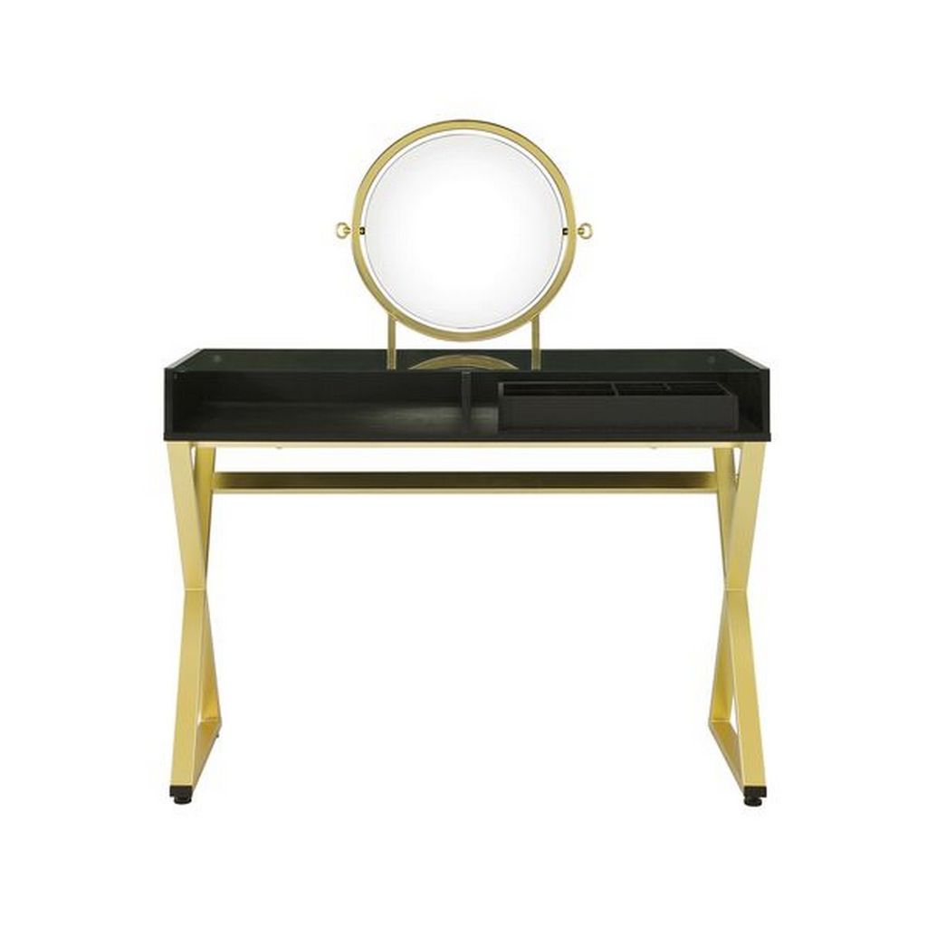 Vanity Desk with Round Mirror and Cross Metal Legs, Black and Gold - View 3
