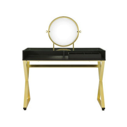 Vanity Desk with Round Mirror and Cross Metal Legs, Black and Gold - View 3