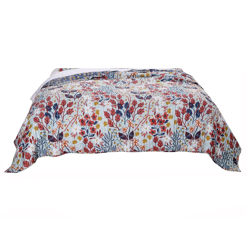 King Size 3 Piece Polyester Quilt Set with Floral Prints, Multicolor - View 3