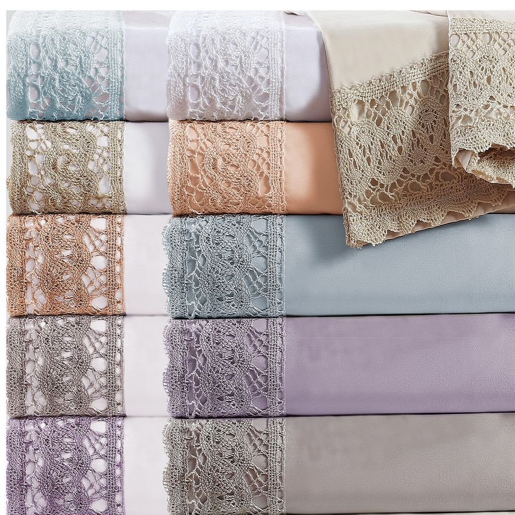Udine 4 Piece Queen Size Microfiber Sheet Set with Crochet Lace The Urban Port, Gray - View 3