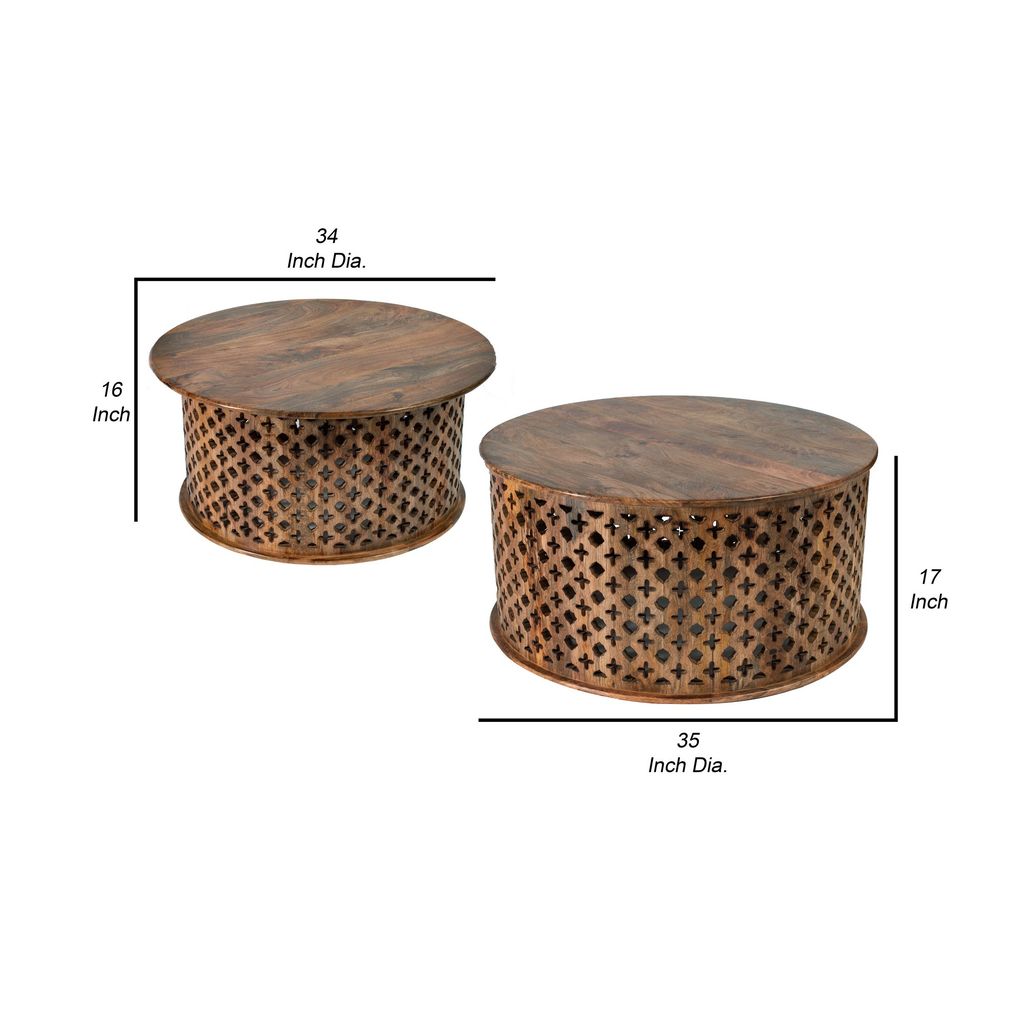 35, 34 Inch Coffee Table Set of 2, Mango Wood Lattice Design, Brown - View 5