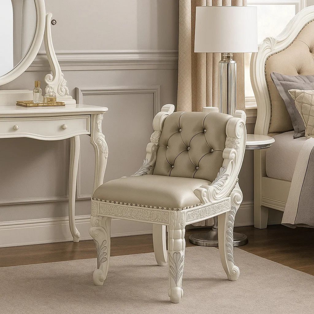Vanity Stool with Nailhead Trim and Queen Anne Legs, White - View 7