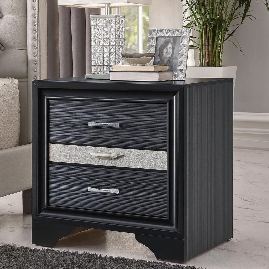 Two Tone Wooden Nightstand With Three Drawers, Black And Silver - View 7