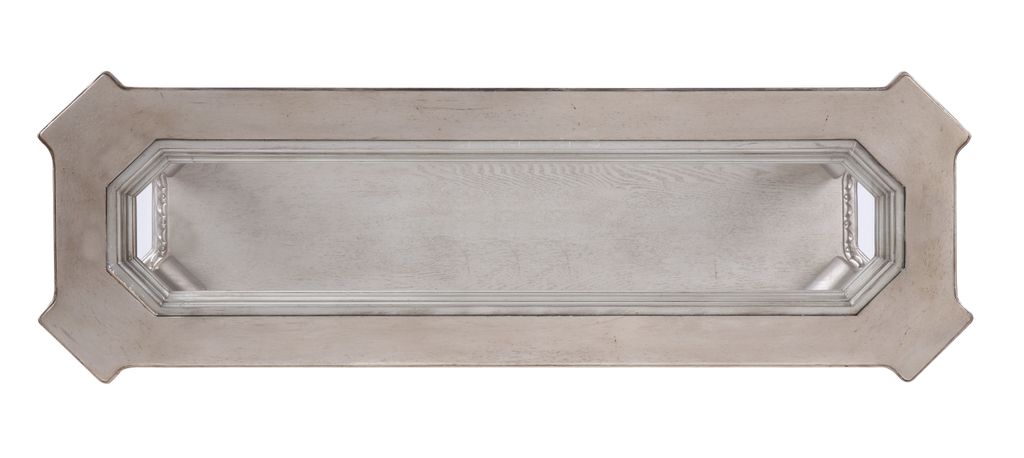 Antique Sofa Table with Polyresin Engravings and Clear Glass Top, Silver and Clear - View 4