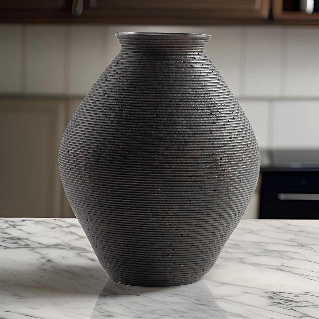 Dale 12 Inch Round Polyresin Vase, Wavy Ribbed Spiral Texture Antique Brown - View 7