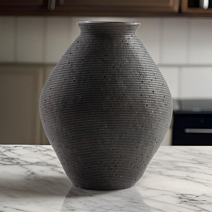 Dale 12 Inch Round Polyresin Vase, Wavy Ribbed Spiral Texture Antique Brown - View 7