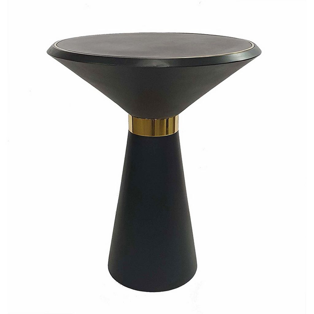 22 Inch Round Mango Wood Side Table, Smooth Brass Accents, Black Finish - View 2