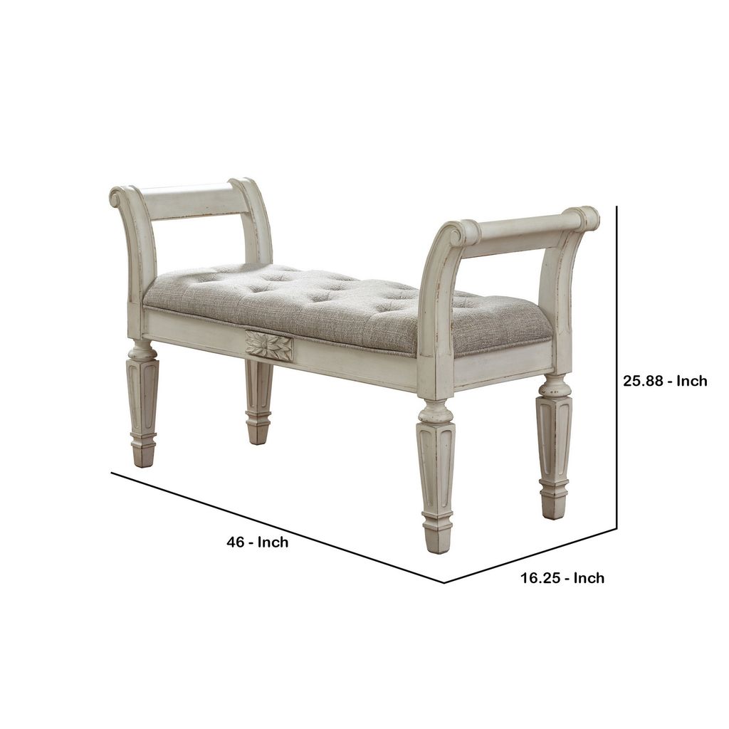 46 Inches Tufted Fabric Padded Wooden Accent Bench, Antique White - View 6