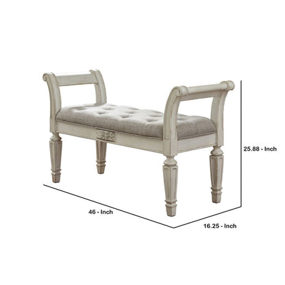 46 Inches Tufted Fabric Padded Wooden Accent Bench, Antique White - View 6