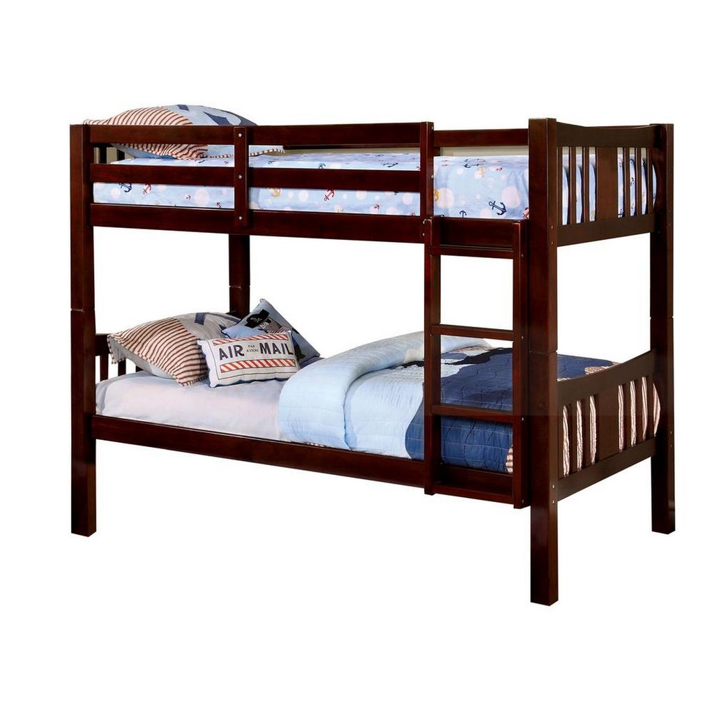 Slatted Over Twin Bunk Bed with Attached Ladder – Brown