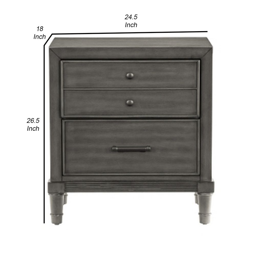Ceila 27 Inch Classic 2 Drawer Nightstand, Round Tapered Legs, Gray Finish - View 5