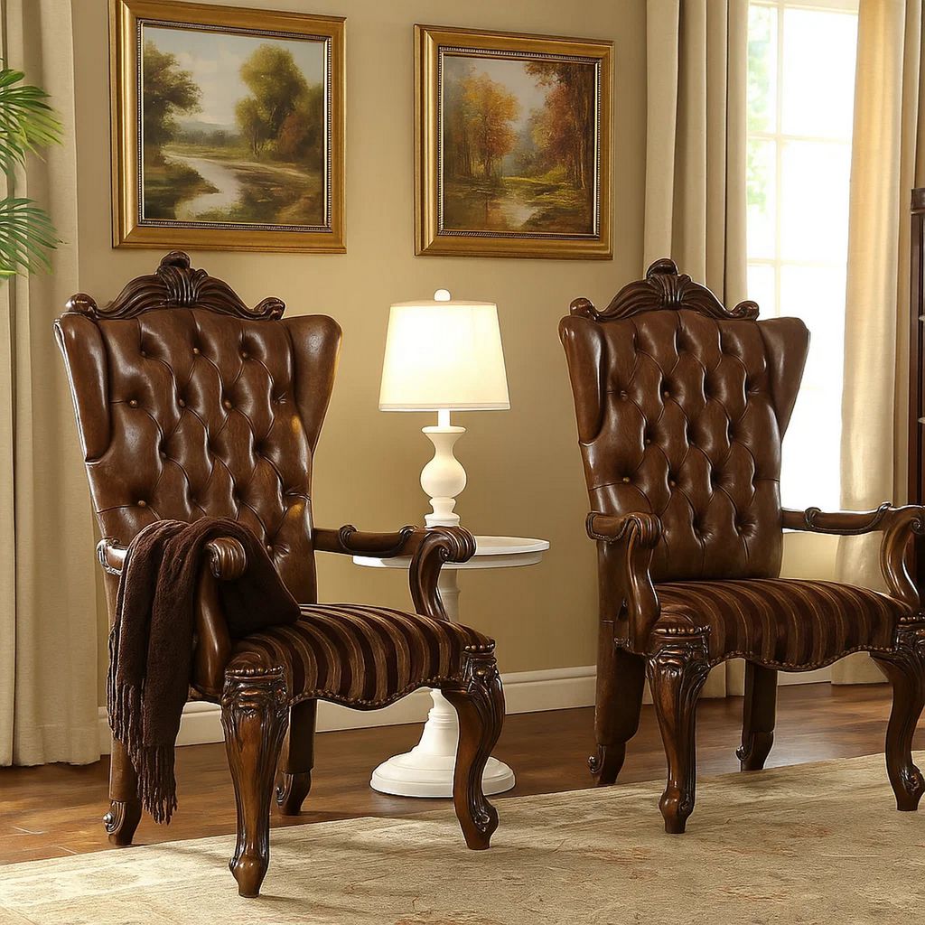 Wooden Arm Chair with Button Tufted Backrest and Carved Details, Set of 2, Brown - View 7