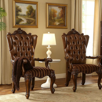 Wooden Arm Chair with Button Tufted Backrest and Carved Details, Set of 2, Brown - View 7