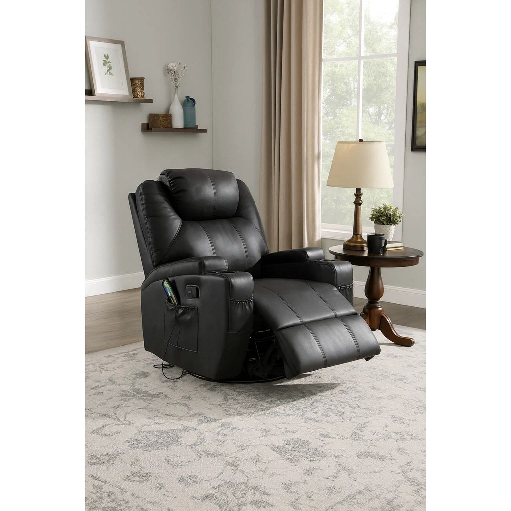 Contemporary Polyurethane Upholstered Metal Rocker Recliner with Swivel, Black - View 7