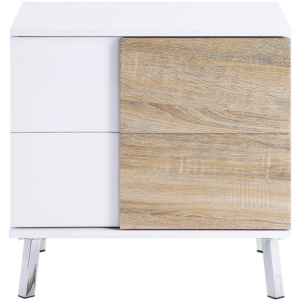 Transitional Wooden Dual Tone End Table with 2 Drawers, White and Brown - View 3