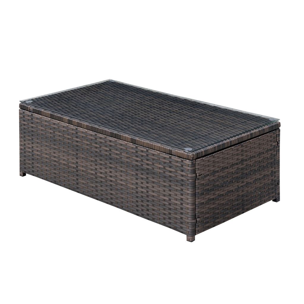 Rectangular Faux Rattan and Aluminum Coffee Table with Glass Top, Brown - View 3