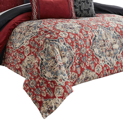 10 Piece King Size Comforter Set with Medallion Print, Red and Blue - View 5