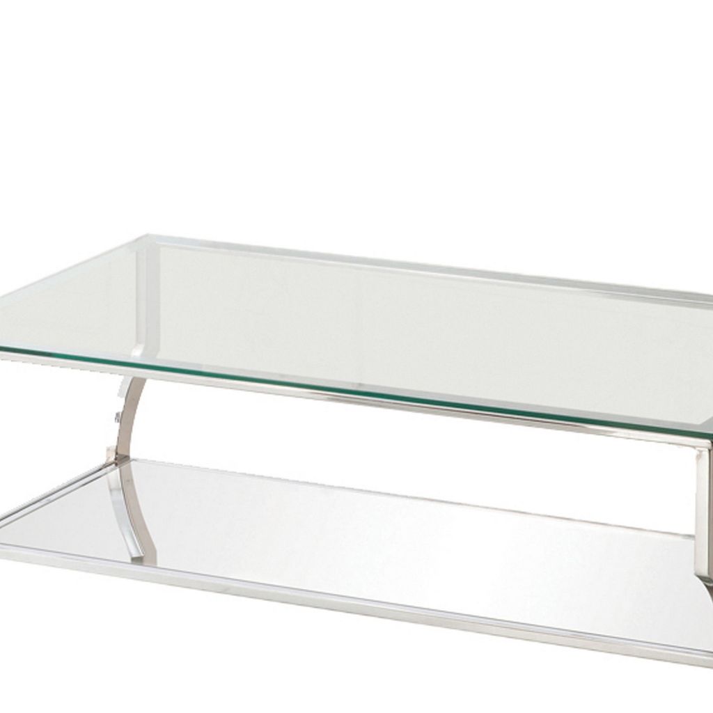 Glass Top Coffee Table with Metal Frame and Mirror Shelf, Chrome - View 2