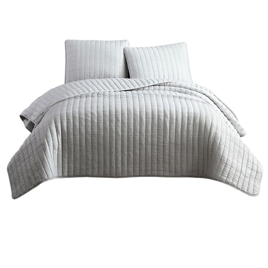 3 Piece Crinkle Queen Size Coverlet Set with Vertical Stitching,Light Gray