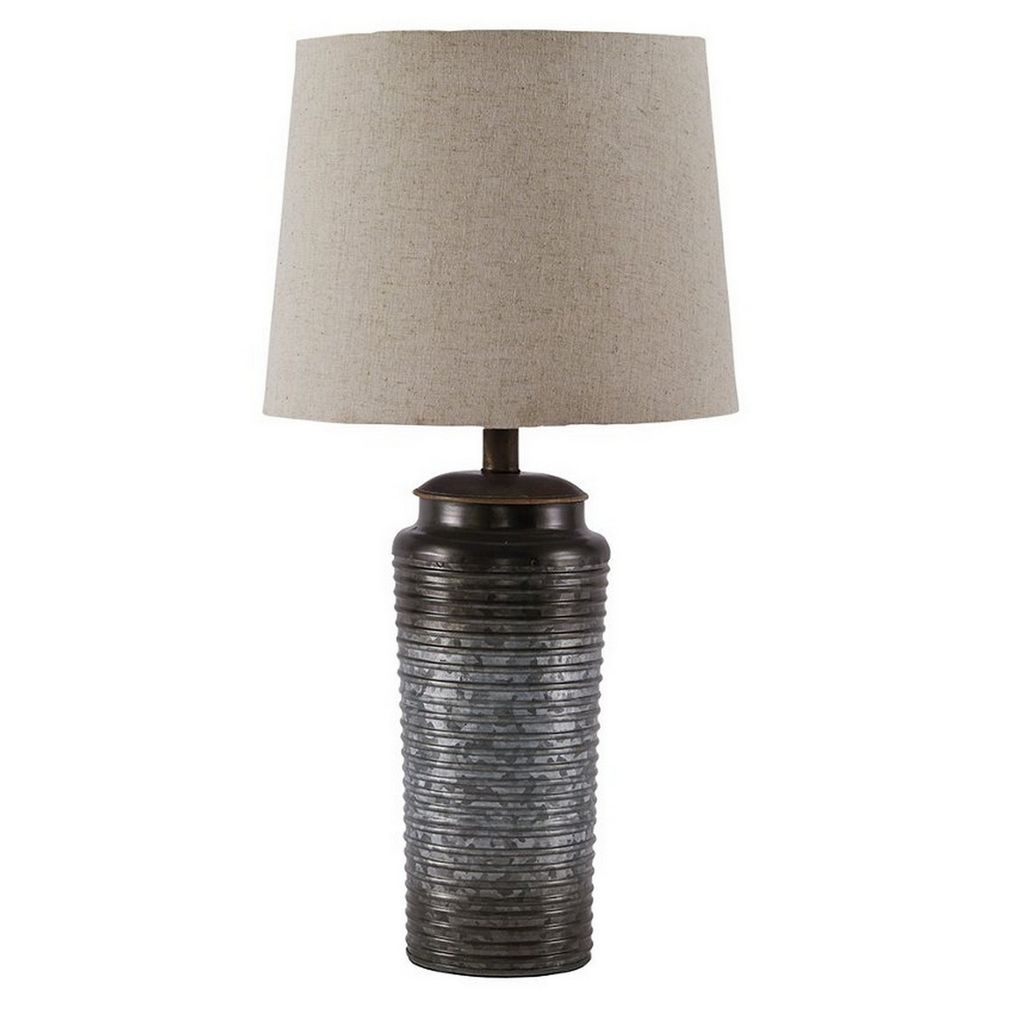 Ribbed Design Metal Body Table Lamp with Tapered Fabric Shade,Set of 2,Gray - View 2