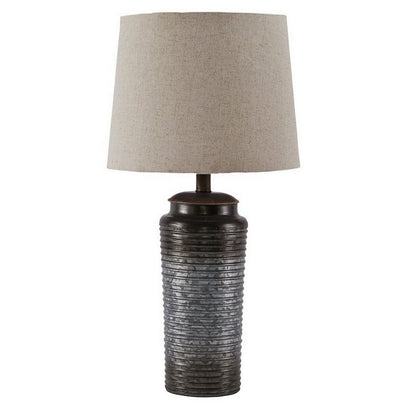 Ribbed Design Metal Body Table Lamp with Tapered Fabric Shade,Set of 2,Gray - View 2