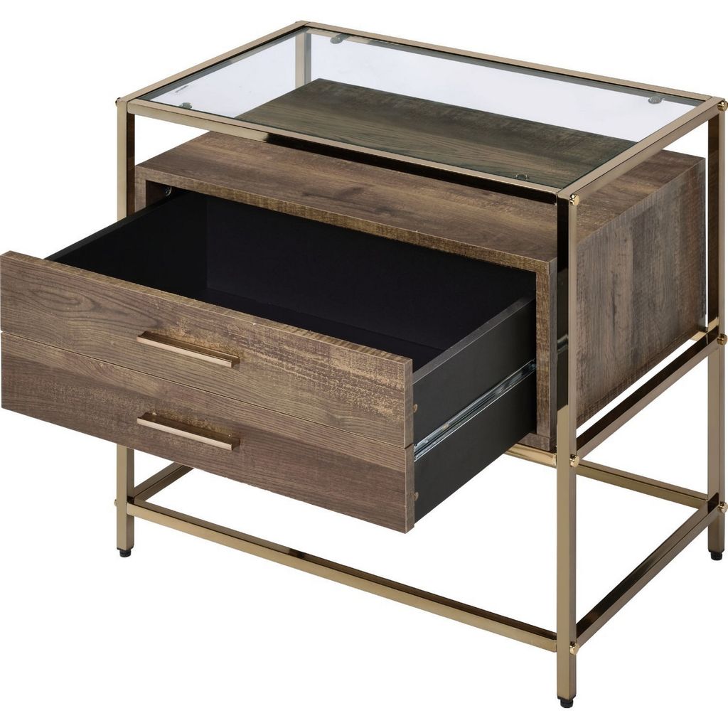 Accent Table with 2 Drawers and Metal Frame Glass Top, Brown and Gold - View 4
