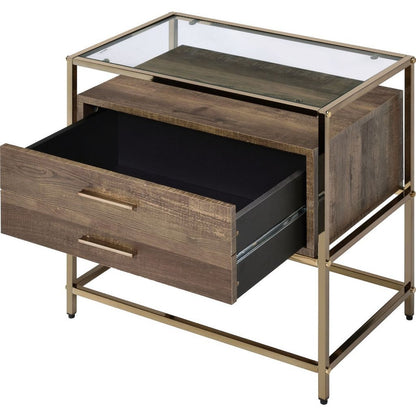 Accent Table with 2 Drawers and Metal Frame Glass Top, Brown and Gold - View 4
