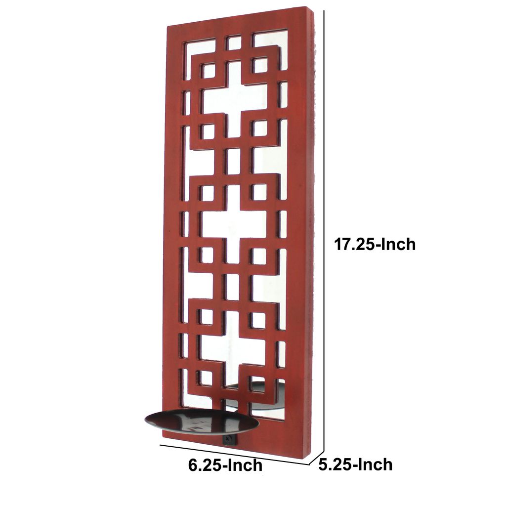 Lattice Design Wooden Frame Candle Holder Set of 2 with Mirror Insert, Red - View 5