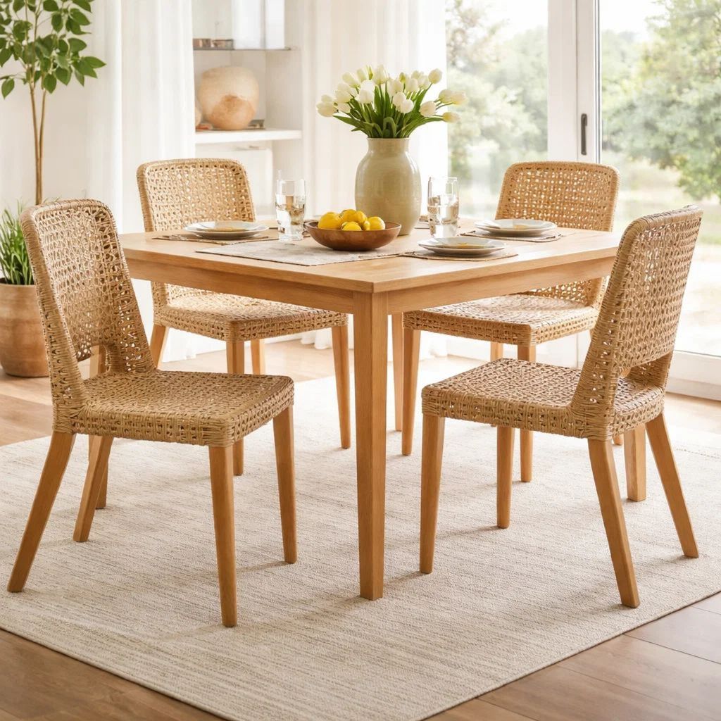 21 Inch Dining Side Chair, Woven Rattan Backrest, Wood Frame, Natural Brown - View 7