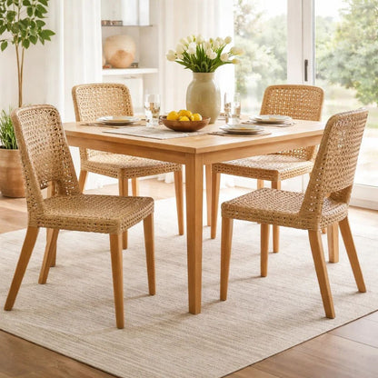 21 Inch Dining Side Chair, Woven Rattan Backrest, Wood Frame, Natural Brown - View 7