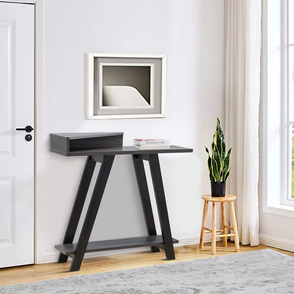 Baki 38 Inch Modern Wood Side Console Table, Corner Compartment, Black - View 7