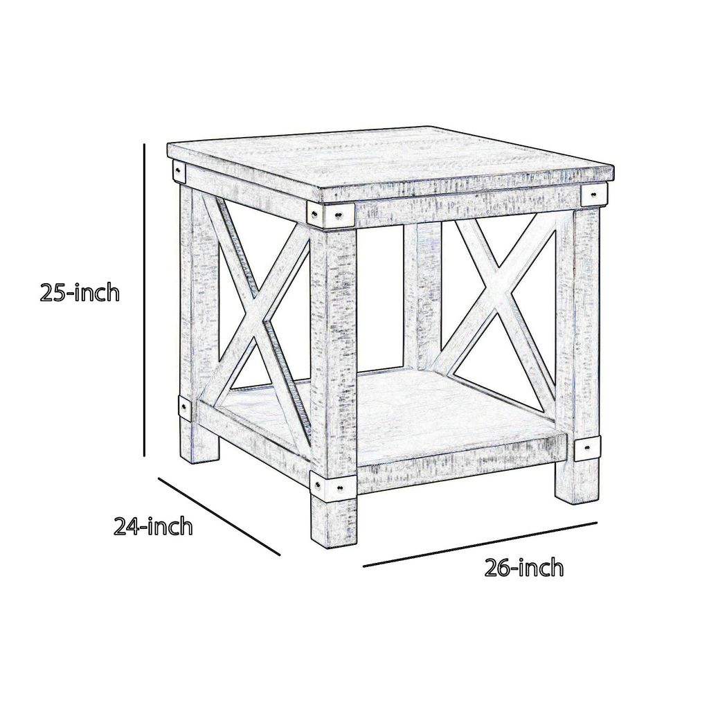 Farmhouse Style End Table with X Shaped Sides and Open Bottom Shelf, Gray - View 6