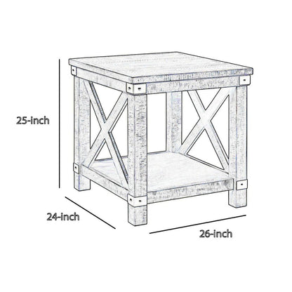 Farmhouse Style End Table with X Shaped Sides and Open Bottom Shelf, Gray - View 6