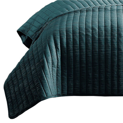 3 Piece Crinkle Queen Coverlet Set with Vertical Stitching, Turquoise Blue - View 2