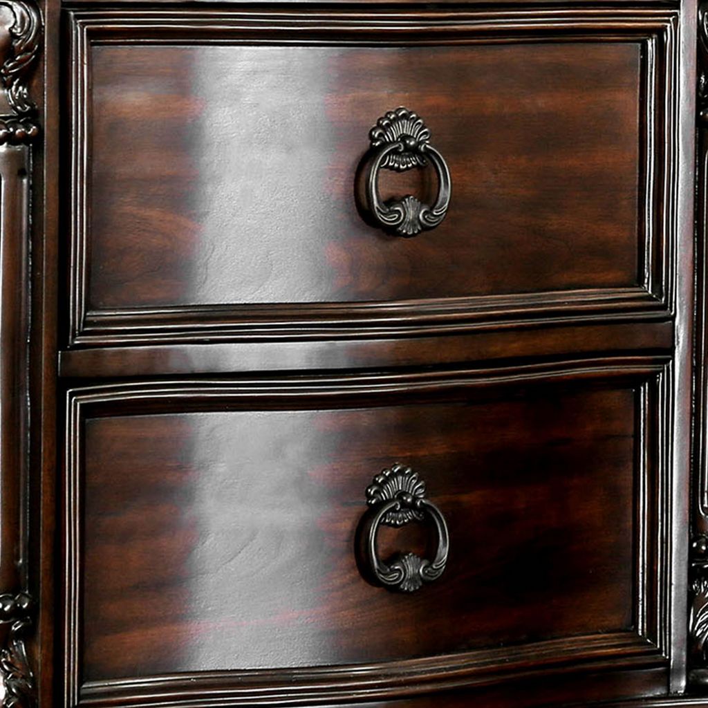 30 Inch Nightstand with 2 Drawers, Classic Marble Top, Ornate Pilasters, Dark Cherry Brown - View 4