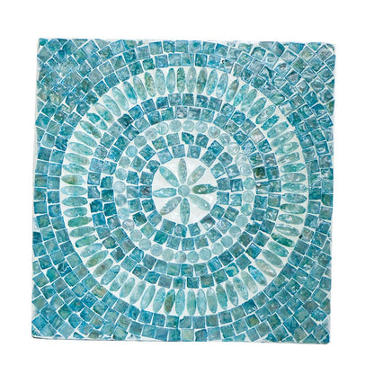 14 Inch Capiz Accent Table Stool, Blue Mosaic Geometric Hourglass Shape - View 3