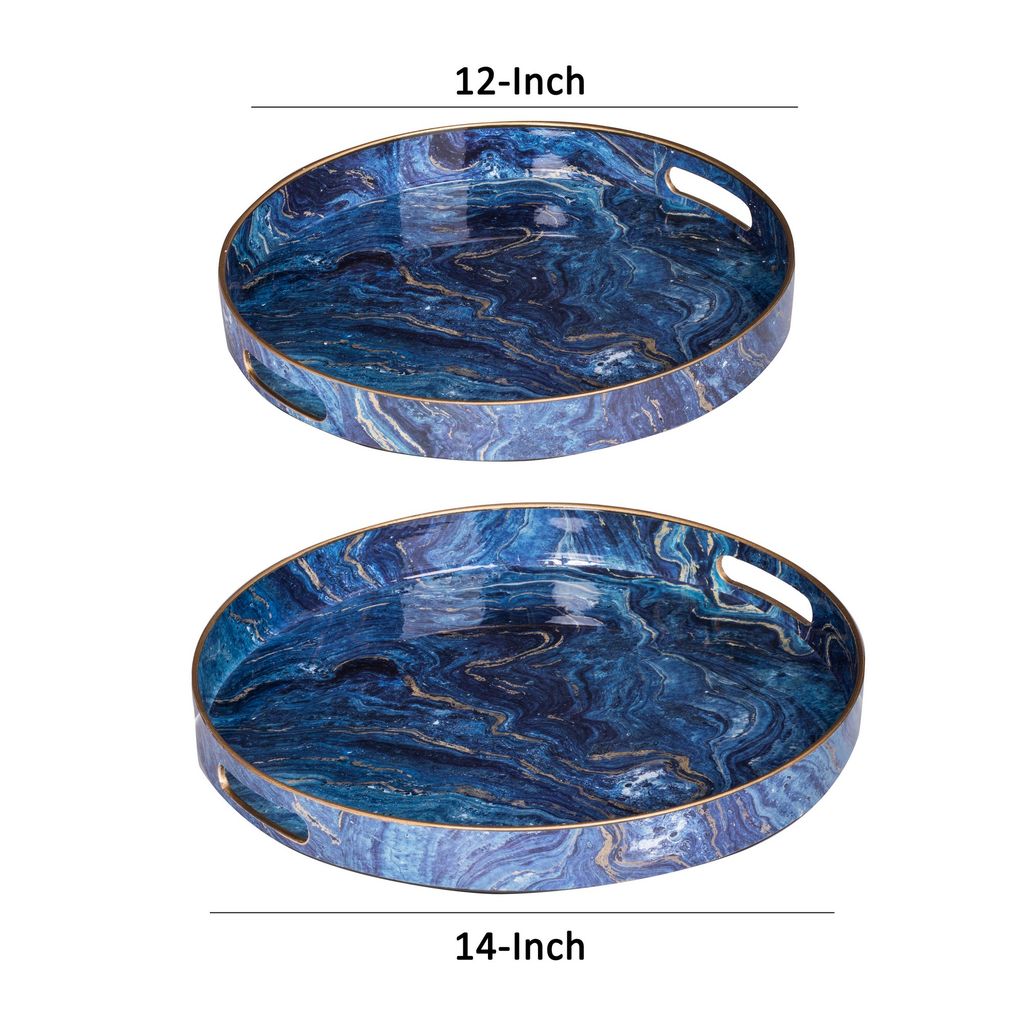 Set of 2 Round Accent Trays, Tabletop Decor, Marbling, Blue, Gold Marbling - View 5