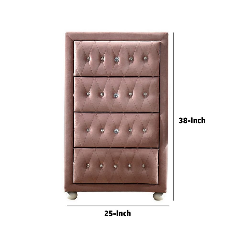 Rex 38 Inch Tall Upholstered Dresser Chest, 4 Drawer, Crystal Handles, Pink - View 6