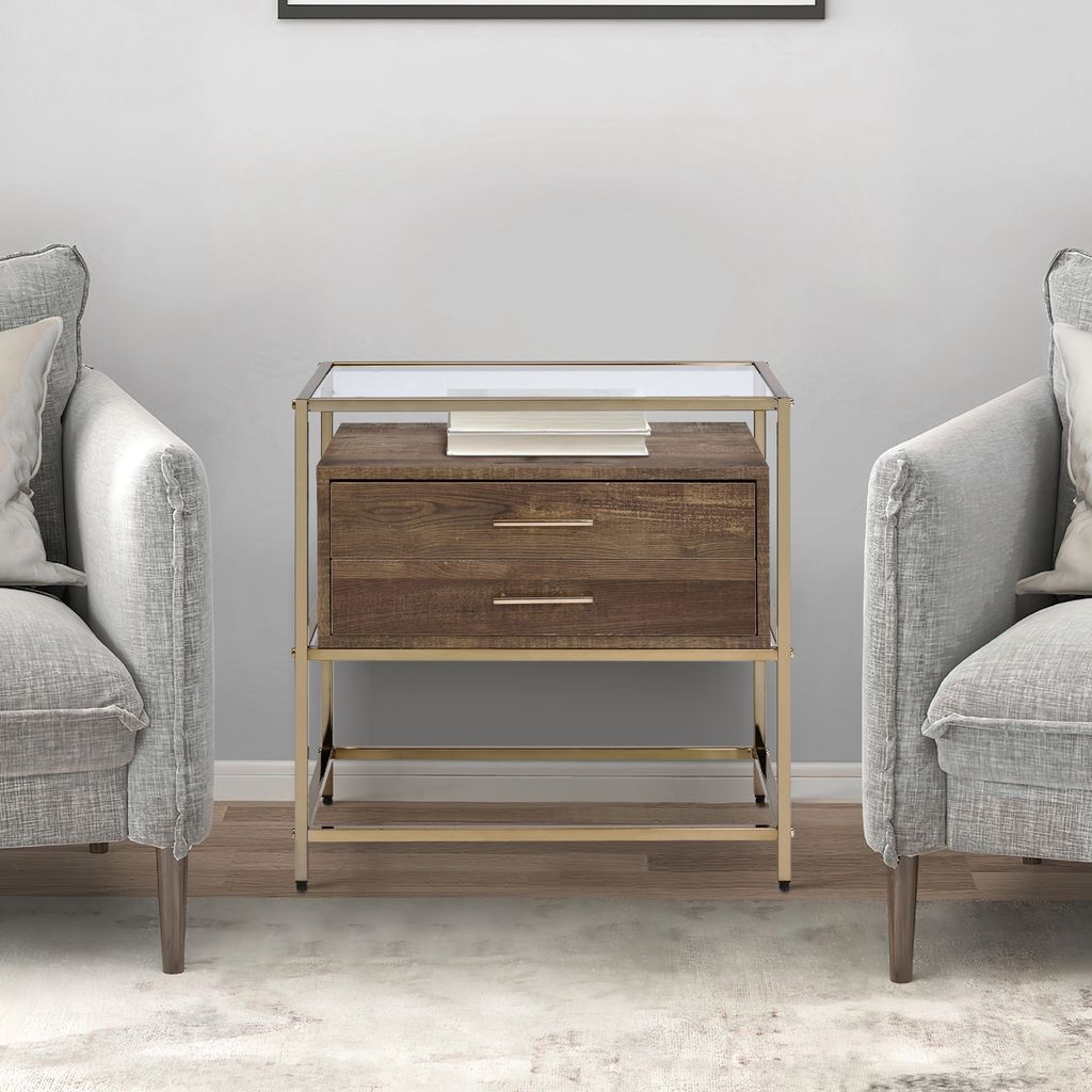 Accent Table with 2 Drawers and Metal Frame Glass Top, Brown and Gold - View 6