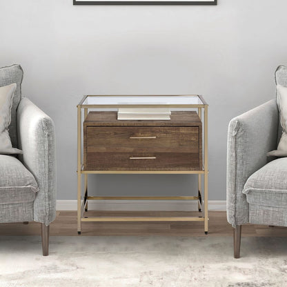 Accent Table with 2 Drawers and Metal Frame Glass Top, Brown and Gold - View 6