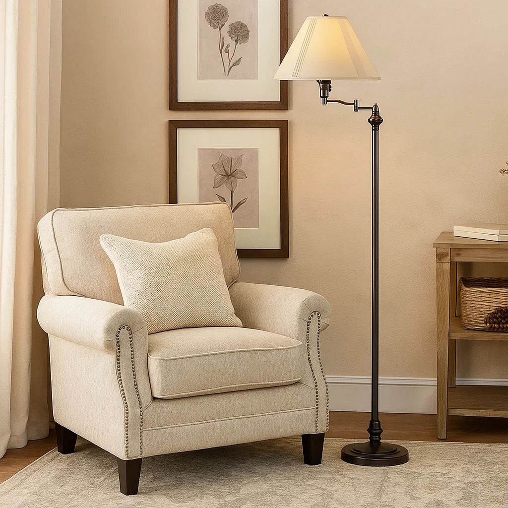 150 Watt Metal Floor Lamp with Swing Arm and Fabric Conical Shade, Black - View 7